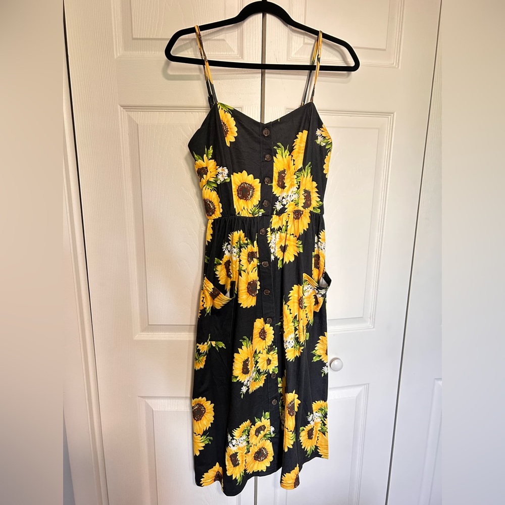 Sunflower Print Black Dress